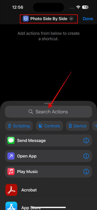 Taping on "Search Actions" to search in Shortcuts app on iPhone.