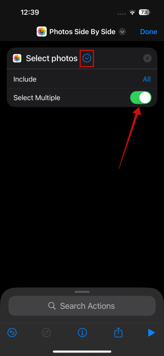 Toggling on "Select Multiple" toggle for new shortcut in Shortcuts app on iPhone.