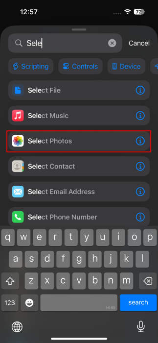 Tapping on "Select Photos" option in Shortcuts app on iPhone.