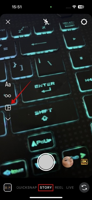 Tapping on grid icon on Story creation screen on Instagram.