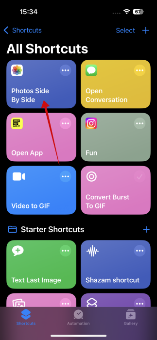 Tapping on new shortcut in Shortcut app on iPhone.