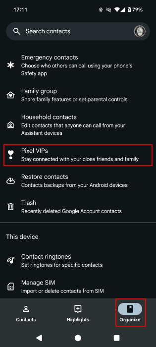 Tapping on "Pixel VIPs" in Google Contacts app. 