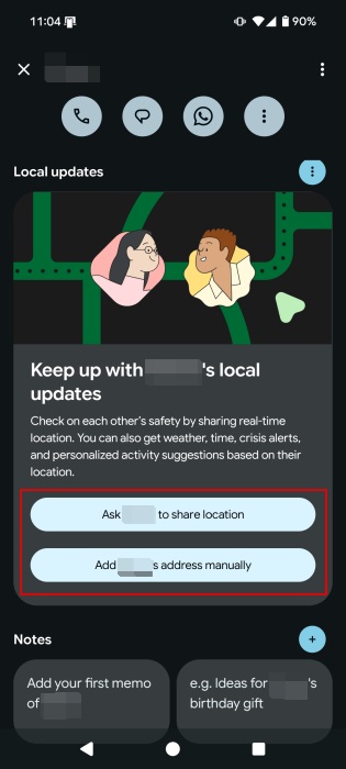 Location data view for Pixel VIP contact.