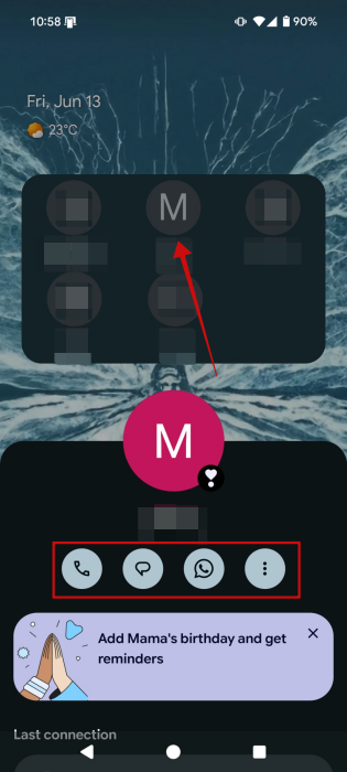 Tapping on contact in Pixel VIPs widget. 