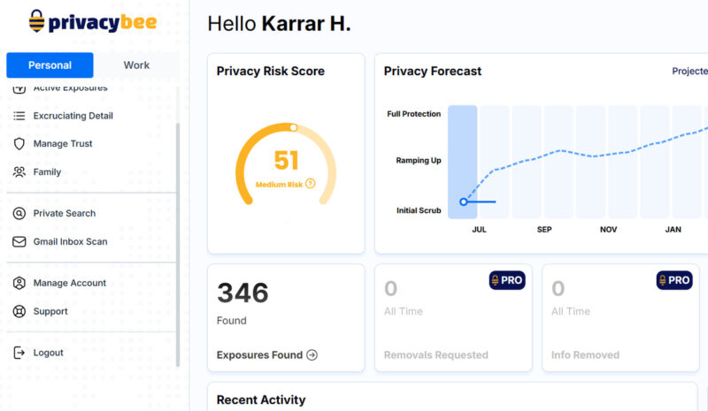 Privacy Bee showing privacy score and protection chart