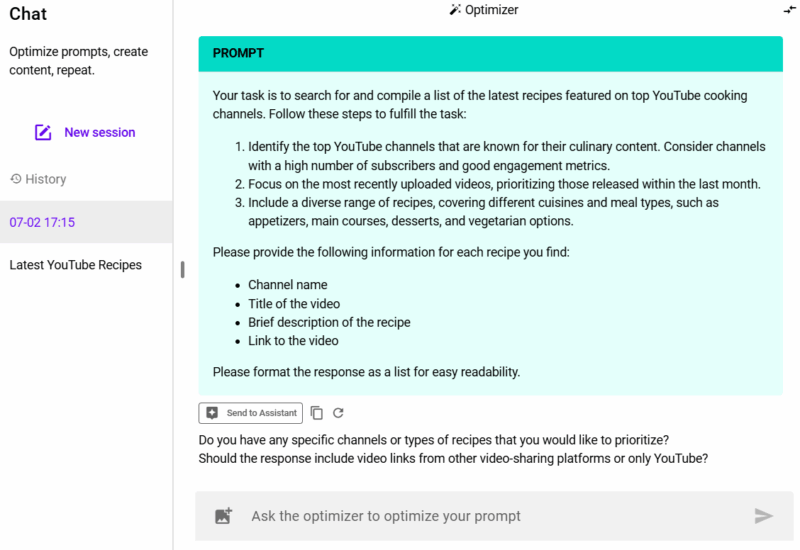 PromptPerfect generating a prompt for recipe videos