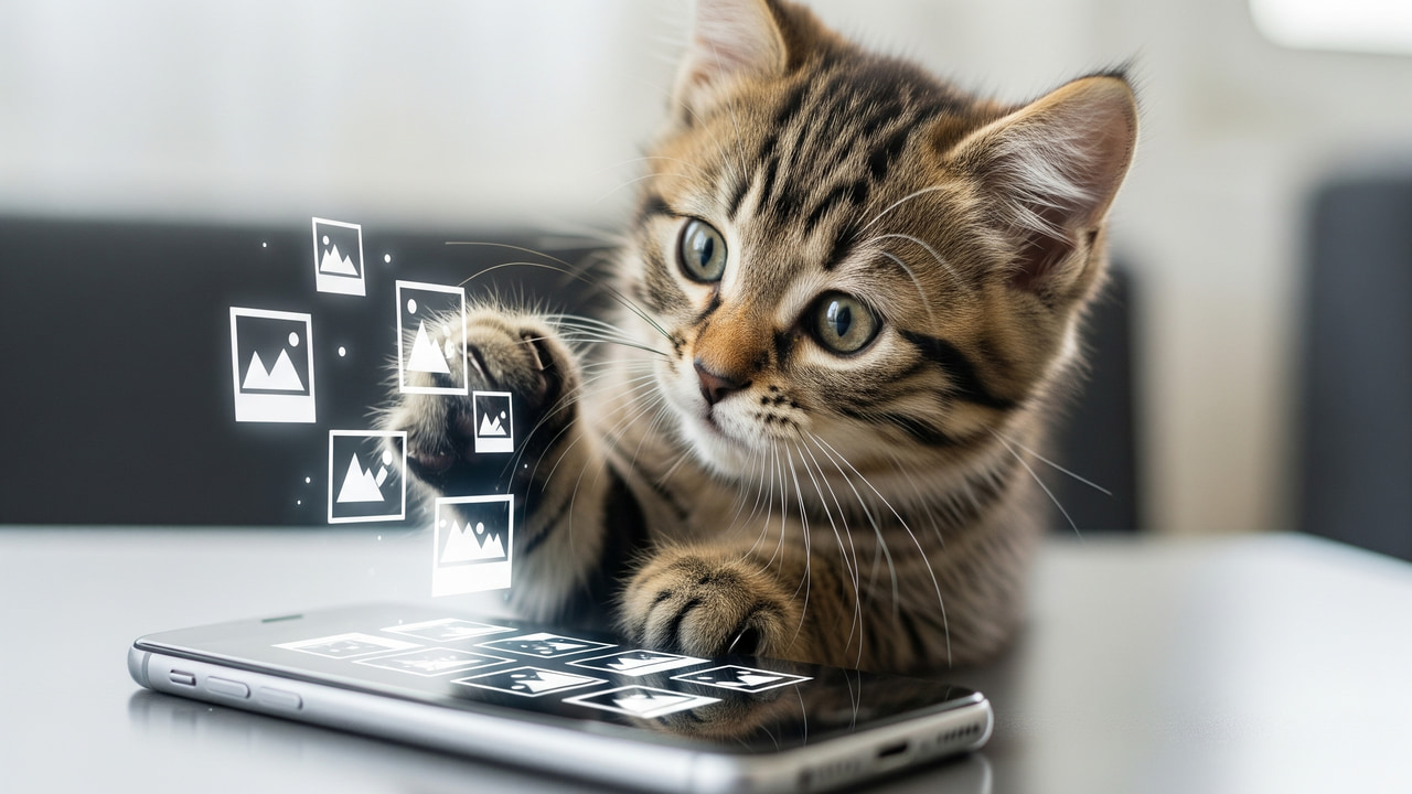 A brown cat trying to steal photos from a phone on the table