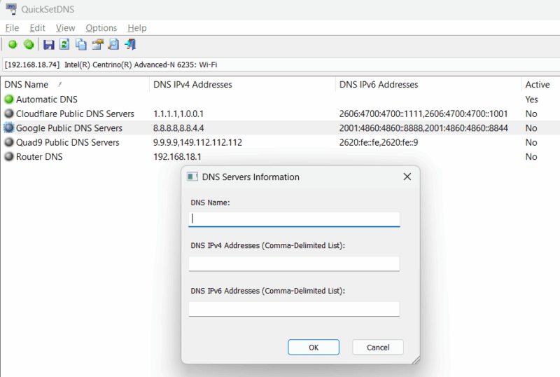 QuickSetDNS adding new DNS