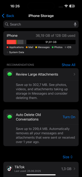 View of available storage on iPhone. 