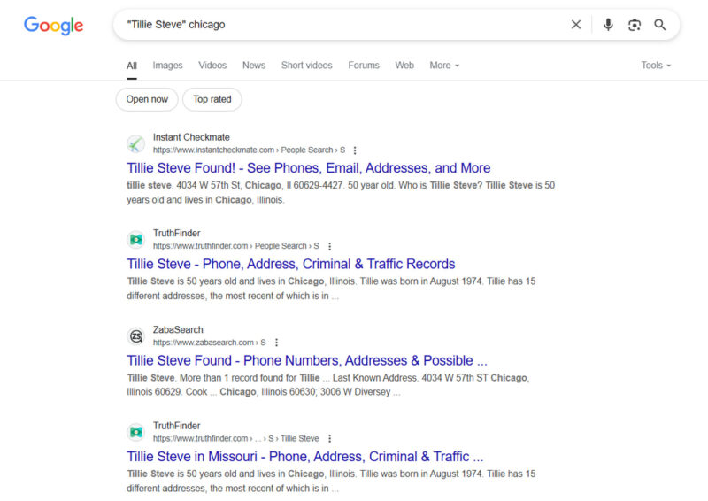 Tillie Steve name search results in Google 