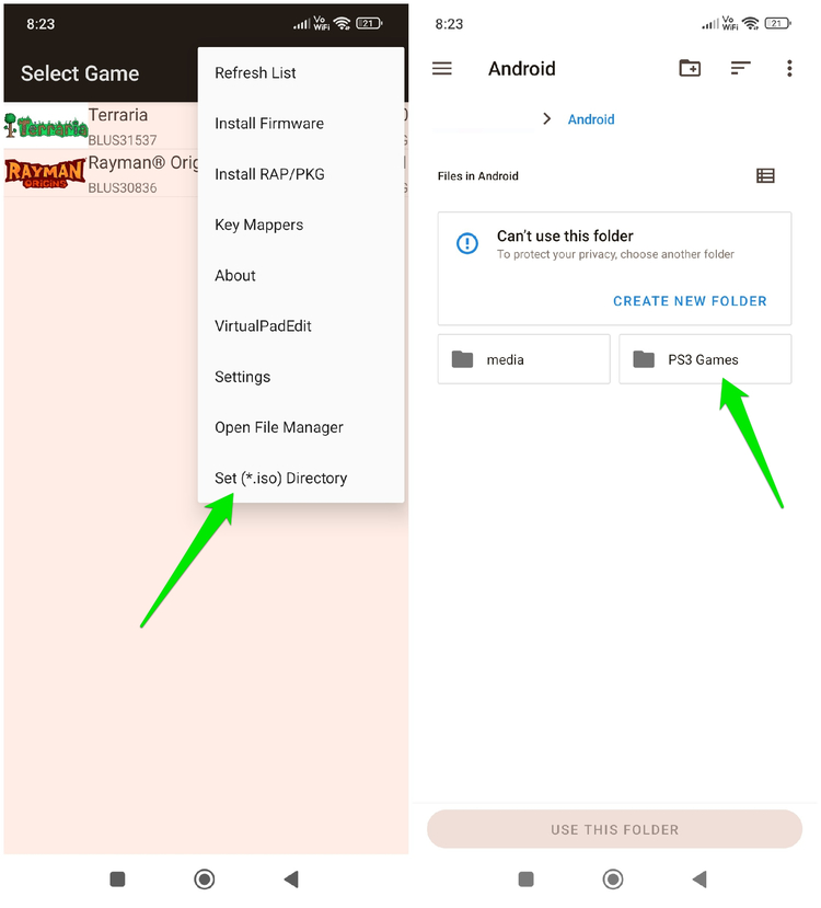 Selecting ISO directory in aPS3e