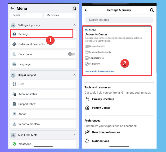 Settings Accounts Center Facebook