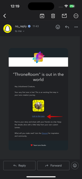 Email alerting you that Lens is now live on Snapchat with link. 