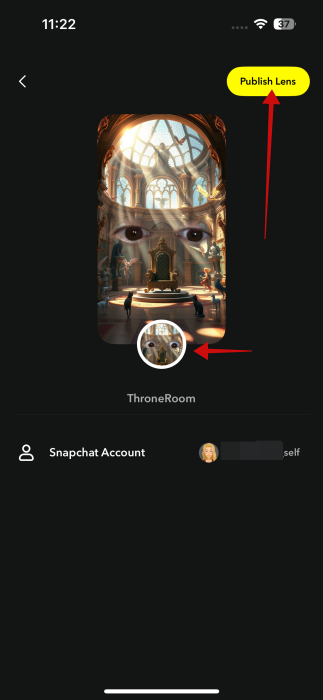 Publishing newly created Lens in Lens Studio. 