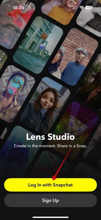 Logging in with Snapchat account in Lens Studio app. 