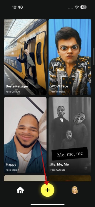 Tapping on "+" button in Snapchat app. 