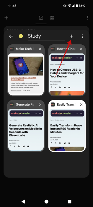 Adding new tab to Tab Group in Chrome on Android.