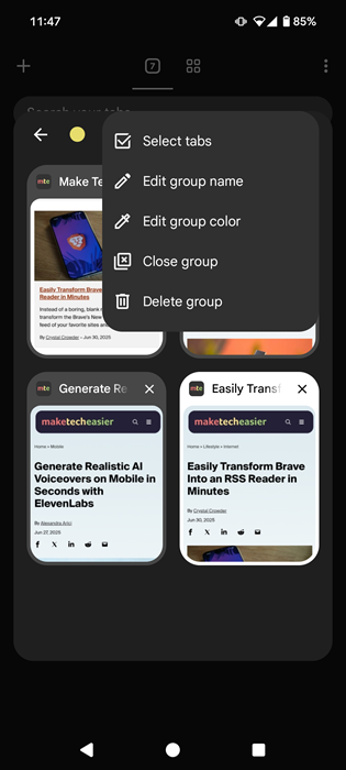 Other options available for Tab Group in Chrome on Android.