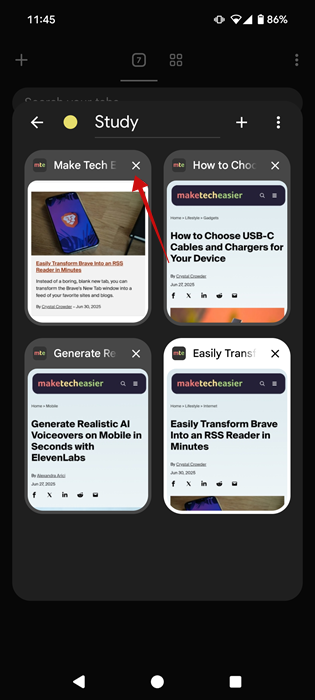 Closing tab in Tab Group in Chrome on Android. 
