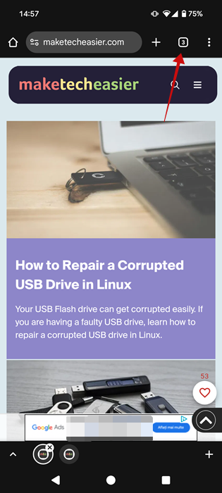 Tapping on tab icon in Chrome on Android. 