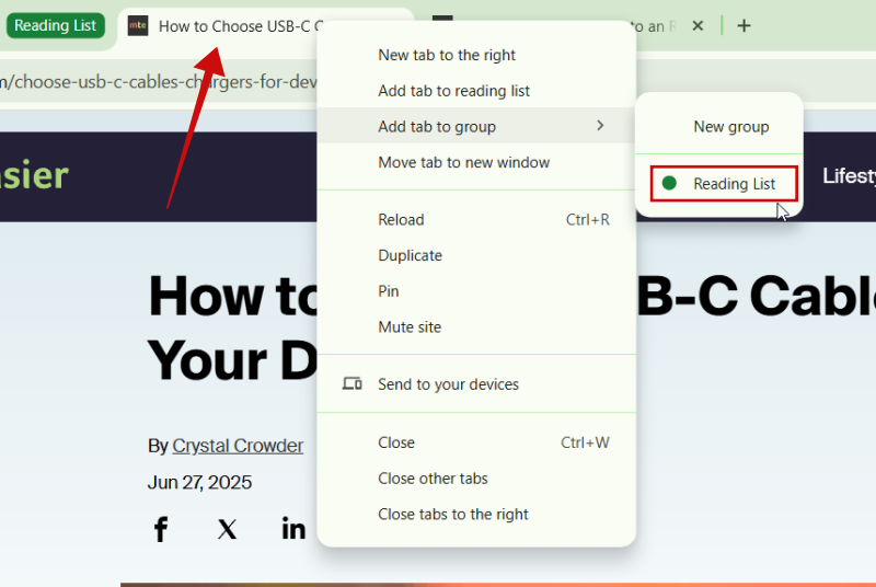 Adding new tab with already created group in Chrome on PC. 