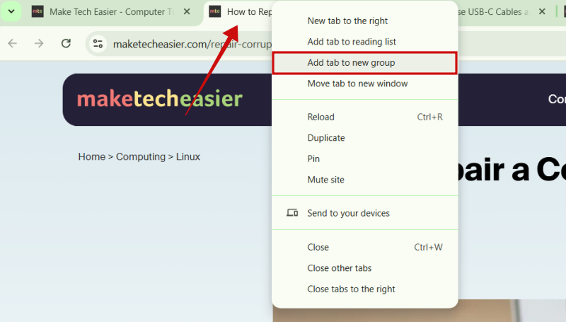 Clicking on "Add tab to new group" in Chrome browser on PC. 