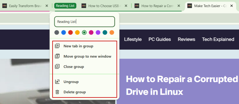 Seeing all options for Tab Group in Chrome browser on PC. 