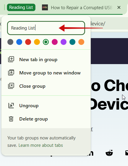 Naming Tab Group in Chrome browser on PC. 