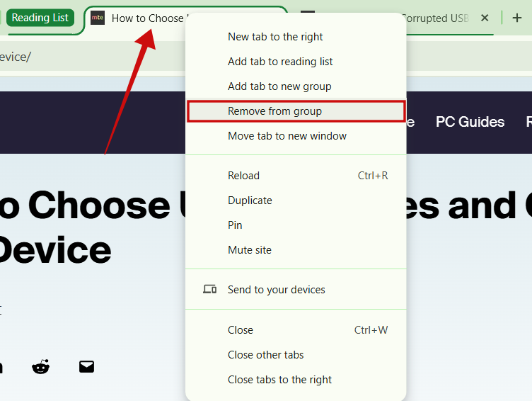 Opting for "Remove from group" option in Chrome browser on PC.