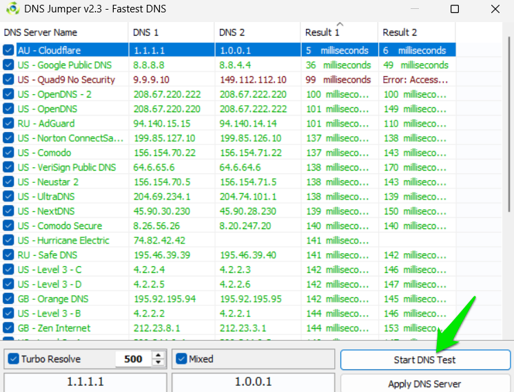 Testing DNS in DNS Jumper