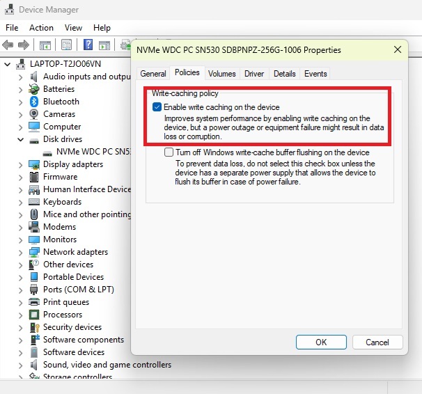 Turning on write caching.