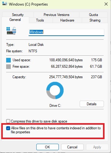 Unchecking indexing box in Windows.