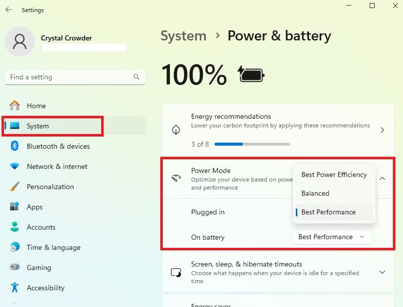 Switching power mode to Best Performance in Windows Settings.