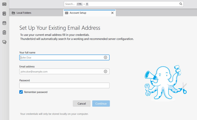 Thunderbird main interface showing email sign-in option