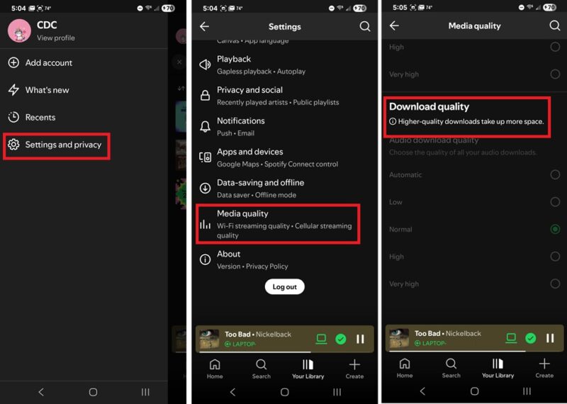 Reducing audio quality to better manage Spotify downloads. 