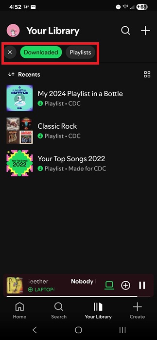 Viewing downloaded playlists on Spotify.