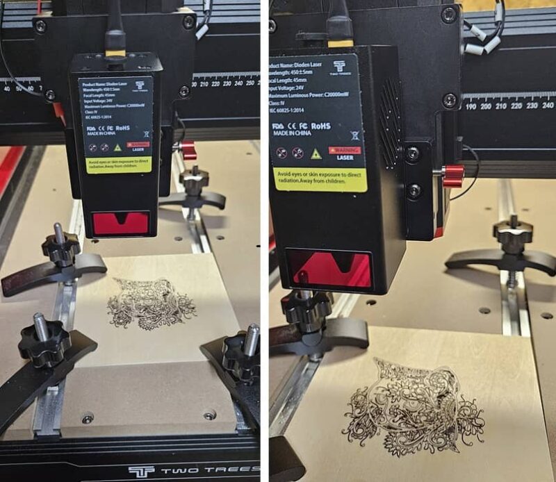 Twotrees laser installed with finished cat engraving.