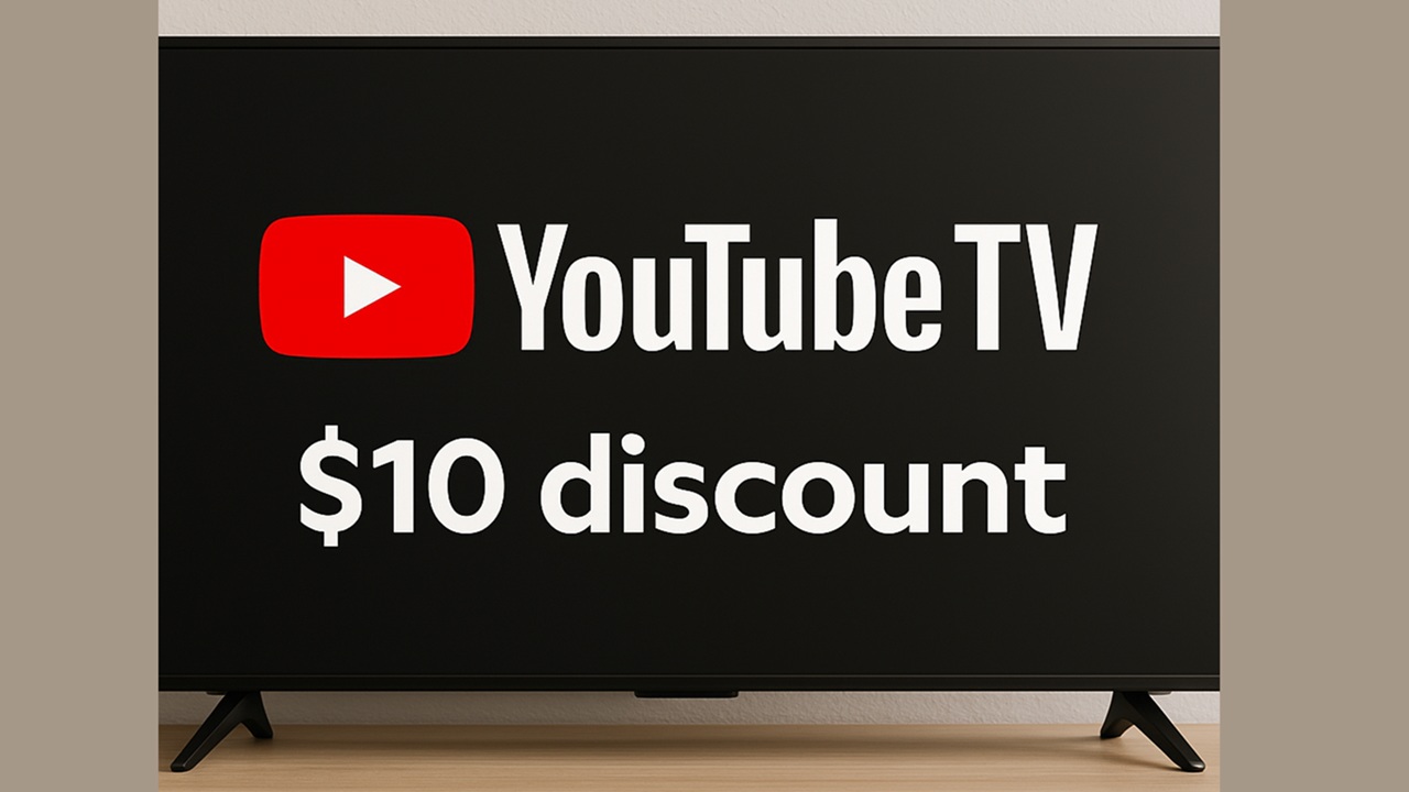 Youtube TV on a TV featuring a $10 discount.