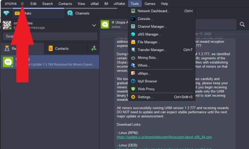Using the Utopia dashboard menu.