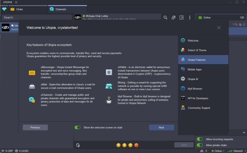 Welcome screen for Utopia.