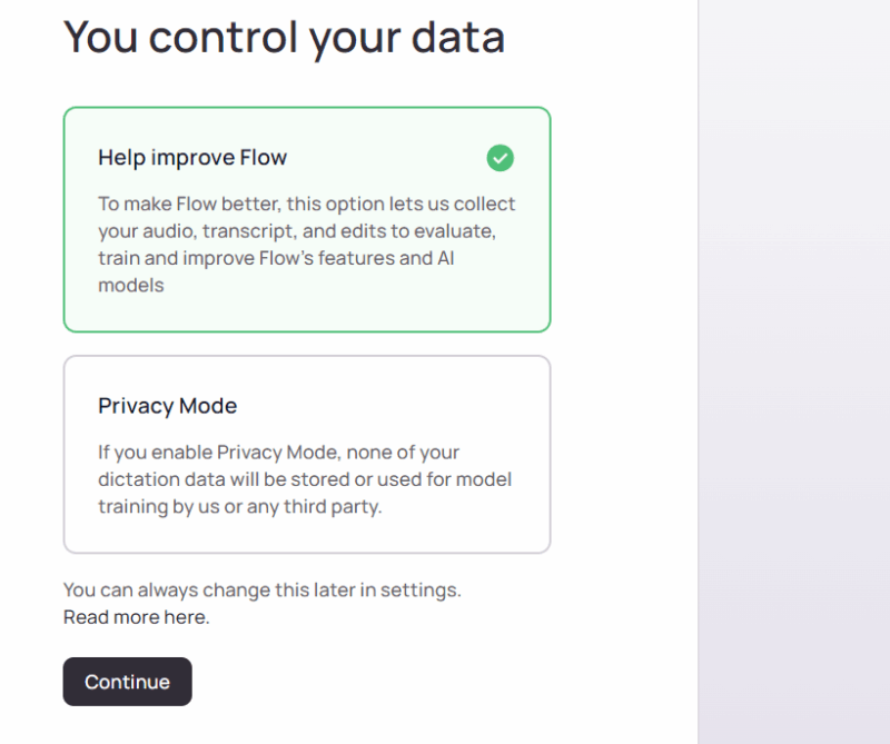 Wispr Flow initial setup showing data privacy choice