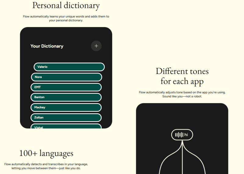 Wispr Flow features mention on the website