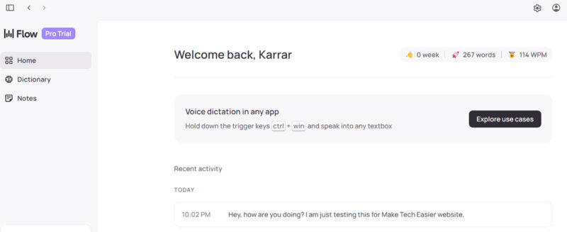 Wispr Flow Main Interface with one audio dictation
