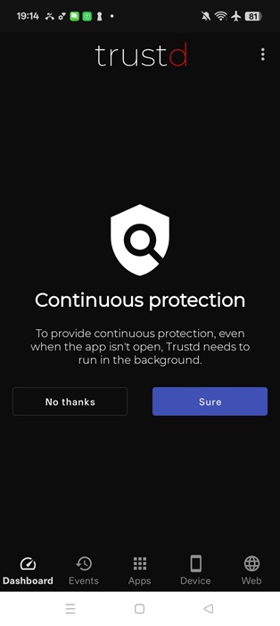 Trustd app on Android with its Continuous protection feature.