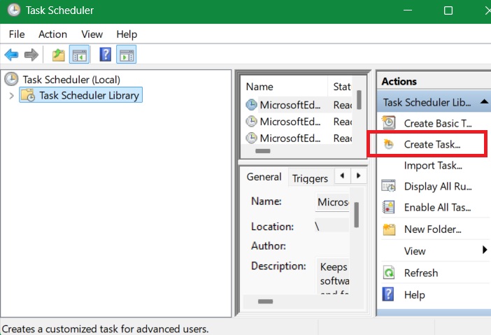"Create Task" option accessible from "Task Scheduler Library."