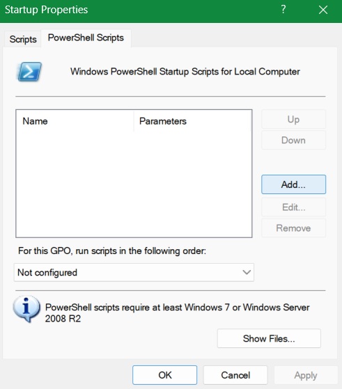 "PowerShell Scripts" tab in the "Startup Properties" window. Click "Add."