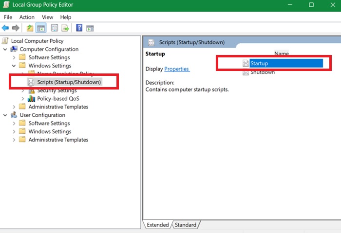 Use Scripts (Startup/shutdown) to open a Startup window.