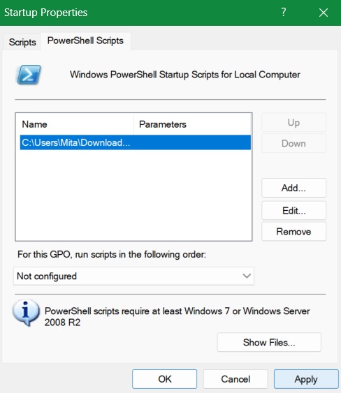 Script added followed by Apply--> OK in the PowerShell scripts window.
