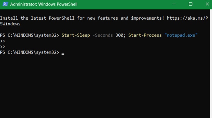 Using PowerShell to open Notepad application after 5 minutes of a scheduled startup + Ctrl + C