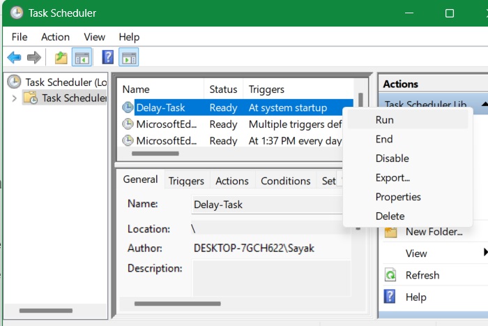 Right-click to delay tasks and make them Run, also viewing Properties of the task.
